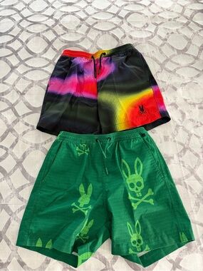 2 Psycho Bunny Kids Multicolor Gradient & Green Skull Swim Trunks